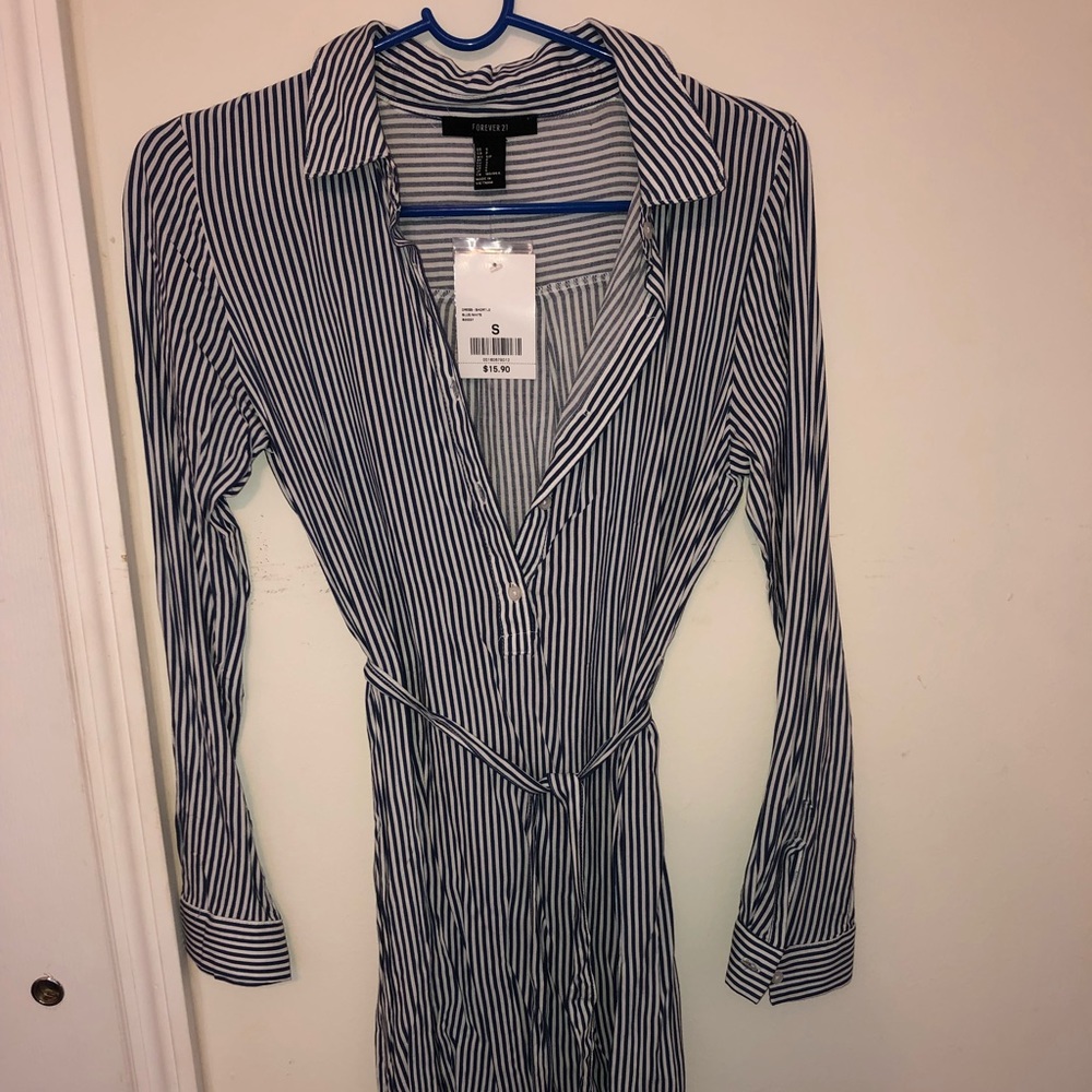 Blue and white striped long sleeve dress